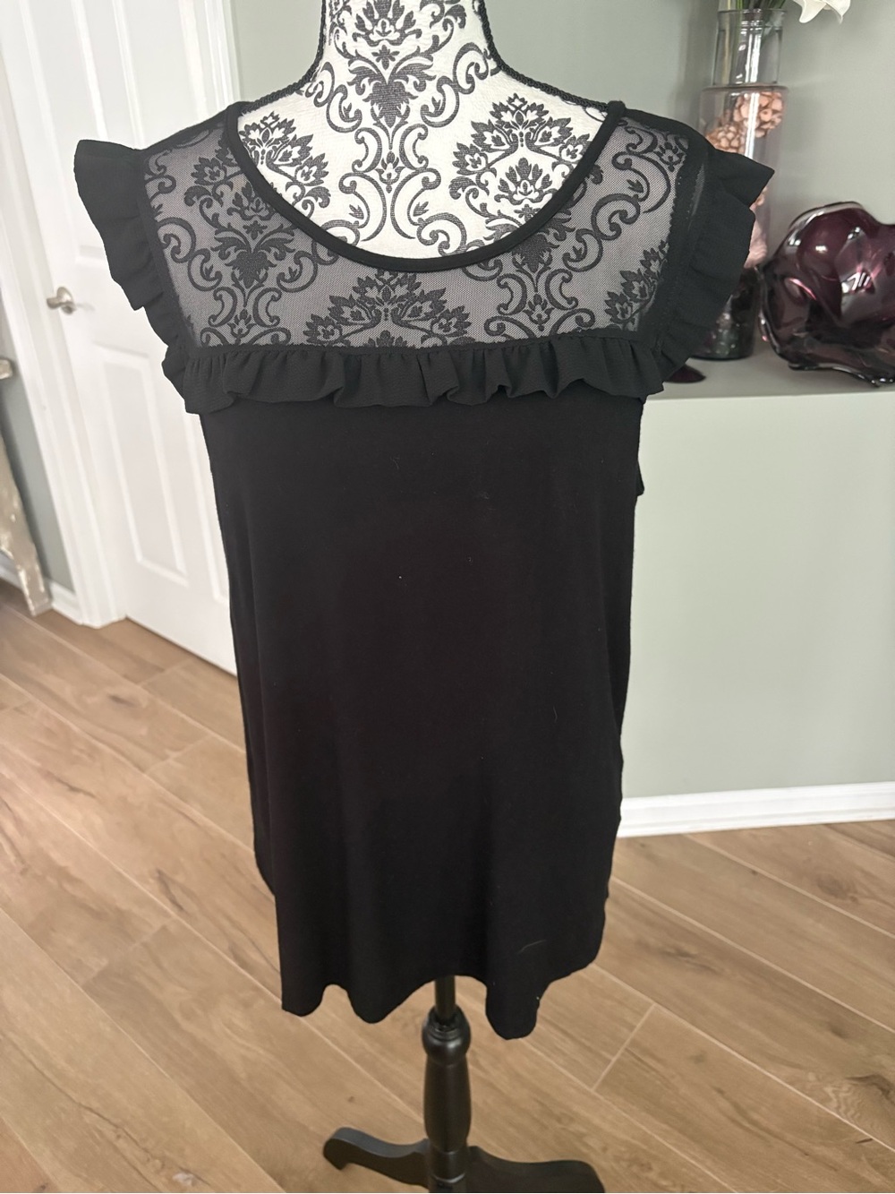 Black Ruffle & mesh Yoke Women's Top XL